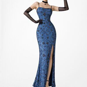 Vintage Y2K Blue Floral Beaded Silk Side Slit Bodycon Maxi Cocktail Dress Size S